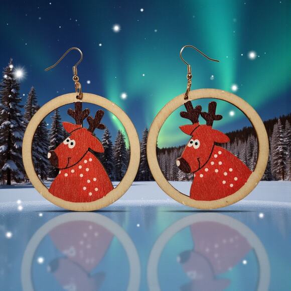Round Wood Reindeer Christmas Earrings – Lightweight Holiday Jewelry 2.3" x 3.2" - Picture 3 of 6